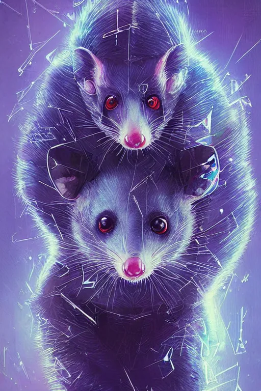 Image similar to a beautiful portrait of a cute cyberpunk opossum by sandra chevrier and greg rutkowski and wlop, purple blue color scheme, high key lighting, volumetric light, digital art, highly detailed, fine detail, intricate, ornate, complex, octane render, unreal engine, photorealistic