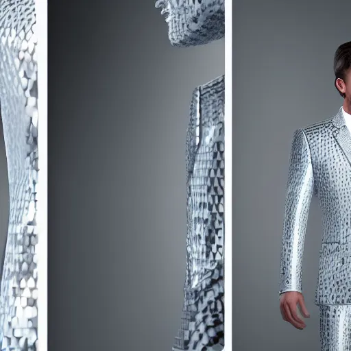 Prompt: full shot photograph of a suit made of mirrors, photorealistic photograph cinematic lighting intricate detailed 8 k resolution