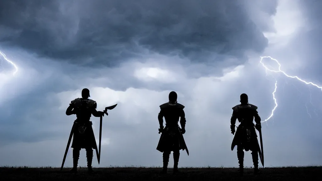 Image similar to low angle two warriors holding swords standing looking up at a villain silhouette thunder lighting storm heavy rain dark clouds