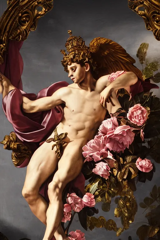 Prompt: a young handsome Spanish prince in a full-body bronze baroque statue of Icarus posed seductively, crown of peach roses, flowing pink-colored silk, fabric, flowers. baroque elements, human skull. full-length view. baroque element. intricate artwork by caravaggio. many many birds birds on background. Trending on artstation, octane render, cinematic lighting from the right, hyper realism, octane render, 8k, depth of field, 3D