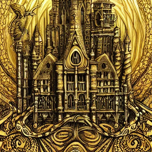Prompt: An intricate detailed gothic golden castle by Christopher Lovell and H. P. Lovecraft
