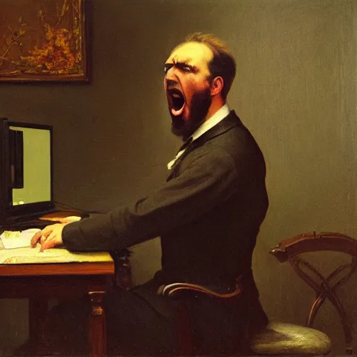 Image similar to an angry man yells at his computer monitor, oil on canvas, 1 8 8 3, highly detailed, high resolution