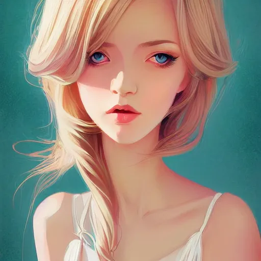 Image similar to beautiful woman in summer dress art, light blonde shoulder-length hair, muted colors, matte print, pastel colors, ornate, digital art, digital painting, fan art, elegant, by Ilya Kuvshinov