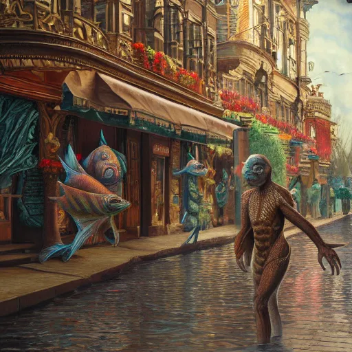 Image similar to humanoid fish man walks through the center of a city, extremely detailed oil painting, 1 9 2 0's colored pencil, highly detailed, highly accurate, deep aesthetic, 8 k, highly ornate intricate details, cinematic lighting, rich colors, beautiful scenic view, ray tracing, hyperrealistic, photorealistic, cinematic landscape, trending on artstation, concept art,