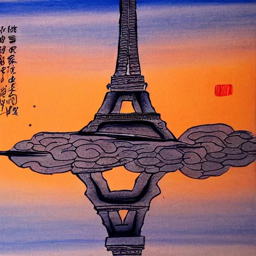 Image similar to Detailed sunset by the Eiffel Tower, Chinese painting style