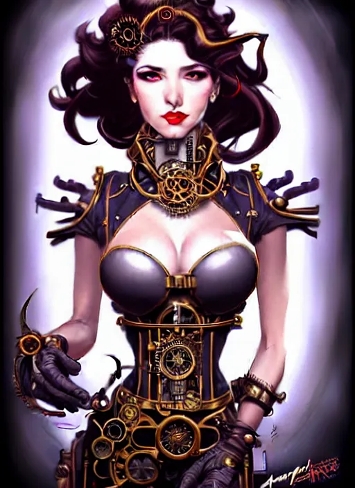 Image similar to front portrait hands on waist pose of attractive Lady Mechanika with wavy hair using white gloves, hand on waist pose!, Intricate steampunk imagery , D&D!, fantasy style, sharp focus!, ultra detailed, art by Artgerm and Peter Andrew Jones, WLUP