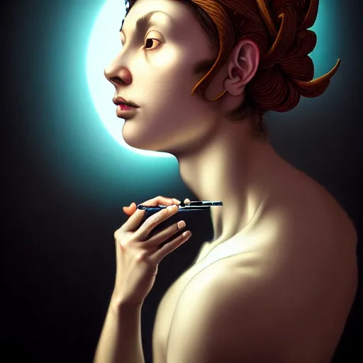 Image similar to Colour Caravaggio style Photography of Beautiful woman with highly detailed 1000 years old face wearing higly detailed sci-fi halo above head designed by Josan Gonzalez. Woman holding cigarette between fingers in her hand, Many details by Kidmograph . In style of Josan Gonzalez and Mike Winkelmann andgreg rutkowski and alphonse muchaand Caspar David Friedrich and Stephen Hickman and James Gurney and Hiromasa Ogura. volumetric natural light