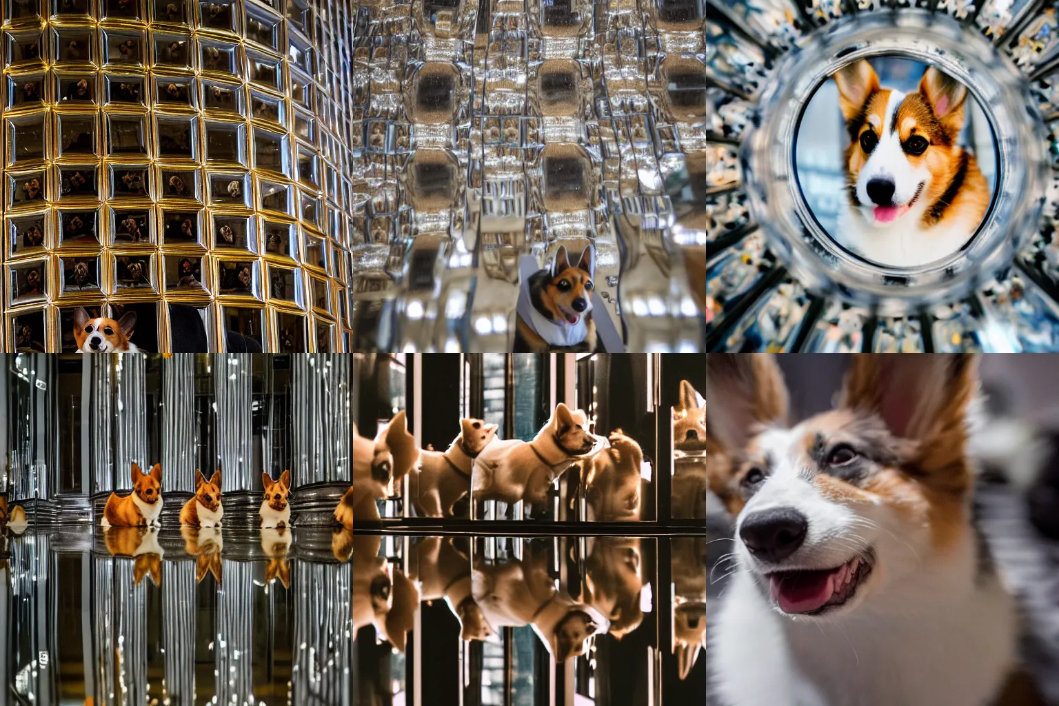 Prompt: extreme closeup of corgi in a hall of mirrors, 4k, DSLR photo, architectural photography