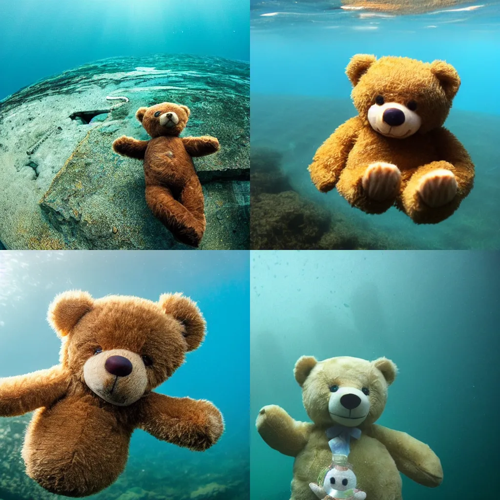 Prompt: a photo of a teddy bear at the bottom of the ocean