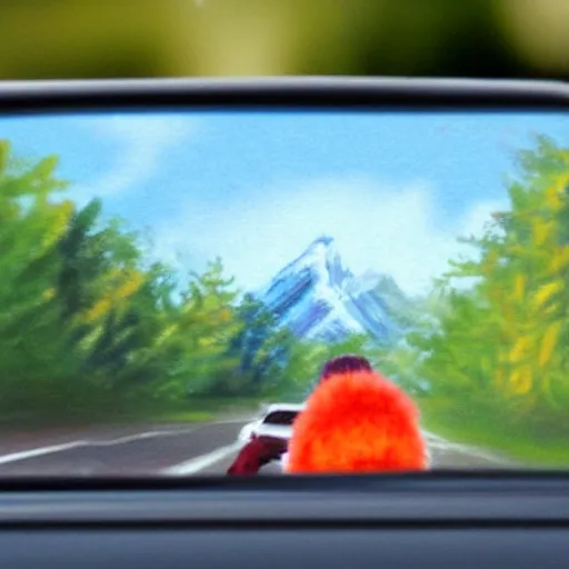 Image similar to a tiny screaming bob ross chasing you in rear view mirror