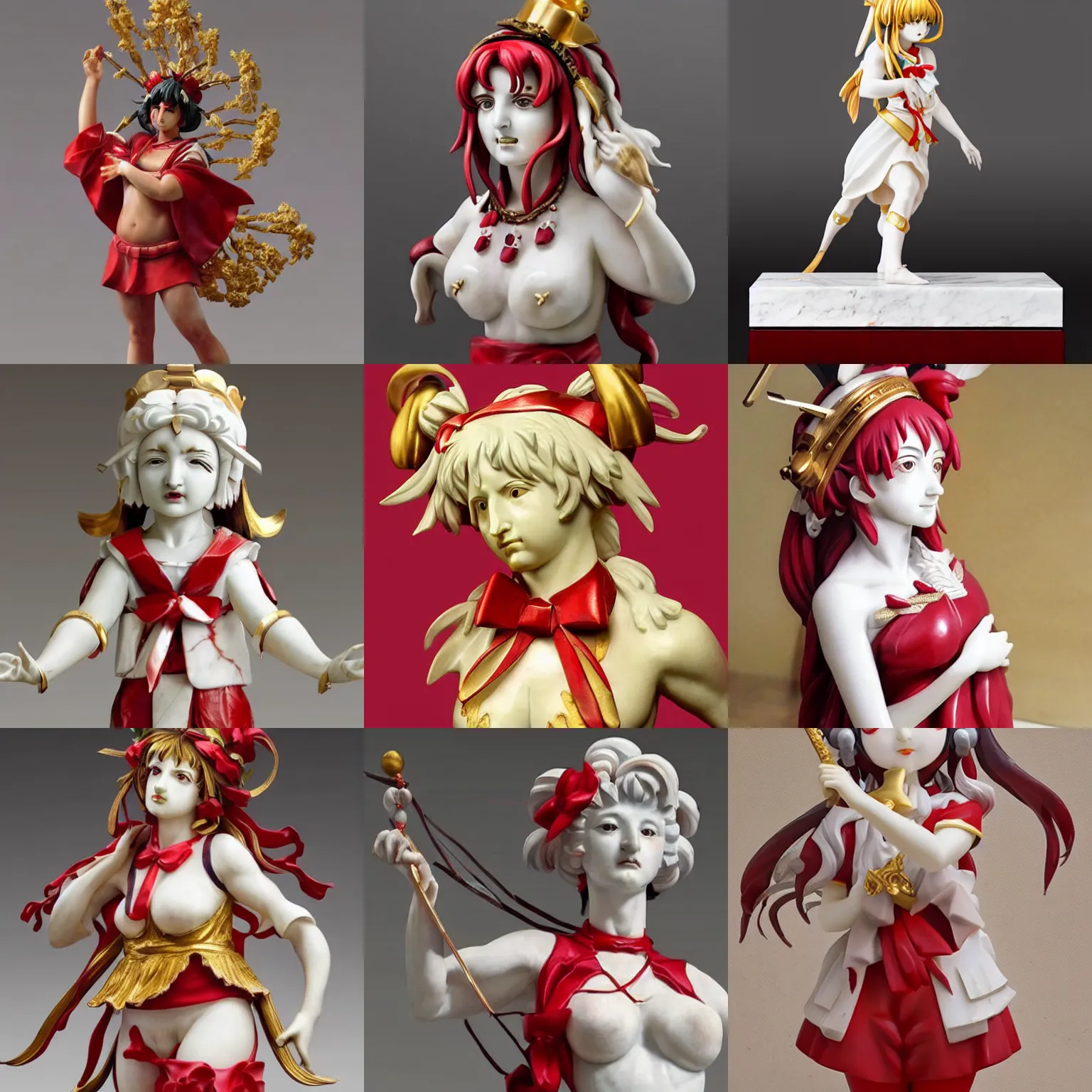 Prompt: a sculpture of reimu hakurei, marble, gold, classical art, masterpiece, anatomically correct, ultra realistic, hyperrealistic, extreme details