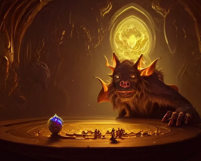 Prompt: a 4 k cinematic screenshot still portrait of a goblin in a dark liminal space room surrounded by gold, deep focus, d & d, fantasy, intricate, elegant, highly detailed, digital painting, art station, concept art, matte, sharp focus, illustration, dark fantasy style art, hearthstone, art by artgerm and greg rutkowski and alphonse mucha