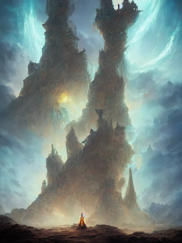 Prompt: a fantasy tower in a dune sea filled with ruins by Peter Mohrbacher, blue fireball, moody lighting, tarot card