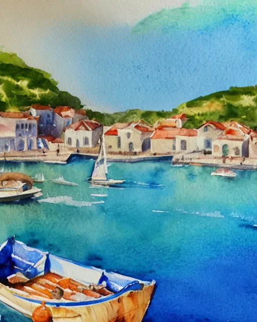 Prompt: watercolor painting of realistic adriatic coast, summer period with boats, watercolor, tonal colors, natural lighting, blue.