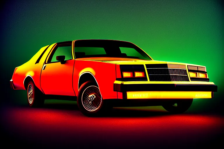 Image similar to stylized poster of a single 1 9 8 6 buick grand national, thick neon lights, ektachrome photograph, volumetric lighting, f 8 aperture, cinematic eastman 5 3 8 4 film