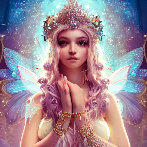 Image similar to portrait of fairy princess, glowing, ornate and intricate jewelry, jaw dropping beauty, glowing background lighting, white accent lighting, hyper detailed, fairy tale, 4 k octane render