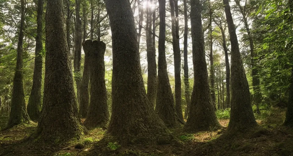 Prompt: giant towering chess pieces in a forest, low angle view, storybook, beautiful, soft lighting, artstation,