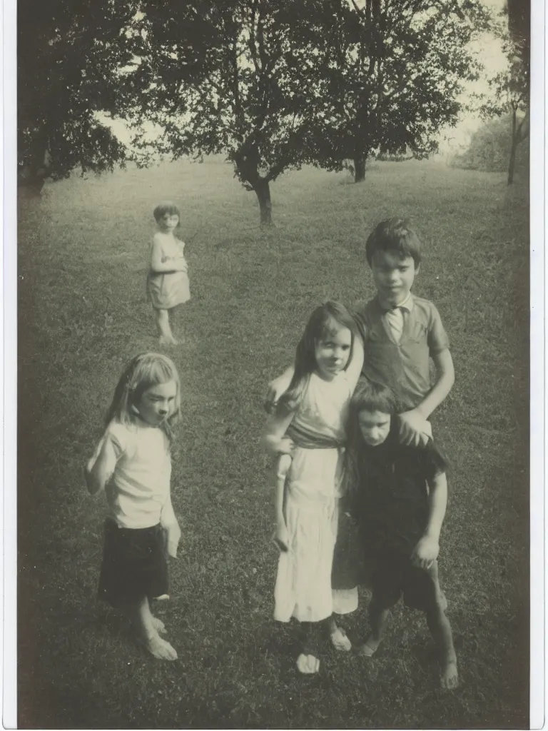 Image similar to a boy and a girl posing for a picture, a strong light behind them, at night, some trees in the background, old polaroid