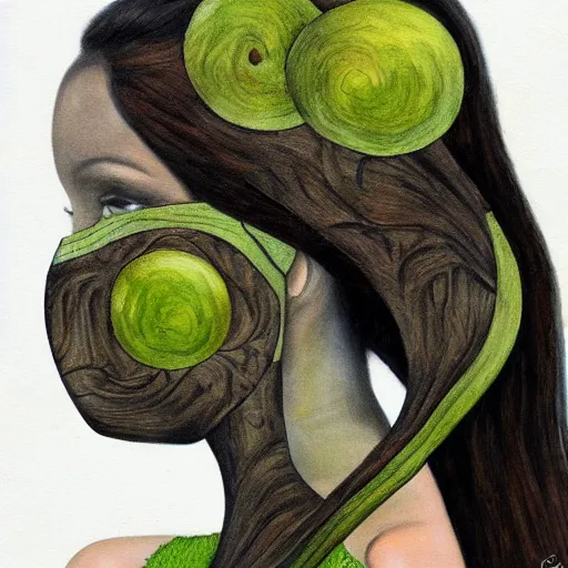 Image similar to Art in the style of Octavia Ocampo, Gaia, Mother Earth, side portrait, mask inside mask