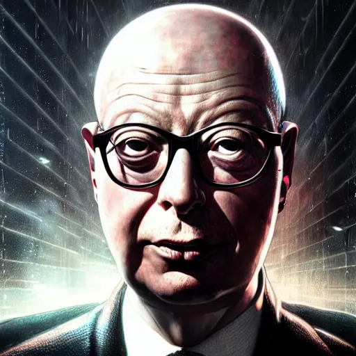 Image similar to uhd photorealistic dark scifi illustration of klaus schwab, reading necronomicon wearing bizarre voodoo makeup. cinematic lighting, in the style of akira toriyama, beksisnski, amano and karol bak, scifi, fantasy, hyperdetailed.