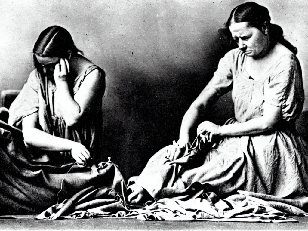 Image similar to a photograph of a woman sewing her feet to her ears