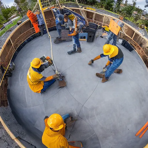 Prompt: Construction workers building the solar system. Extreme wide-angle shot