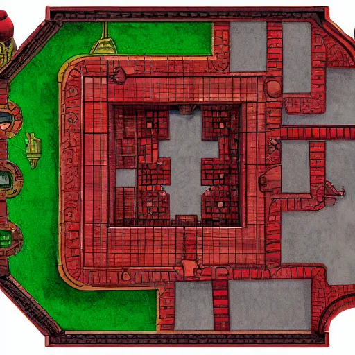 Prompt: dnd battle map of a hell vault, top - down view, red and black theming