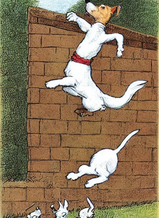 Image similar to jack russel terrier jumping from the ground over a brick fence, illustrated by peggy fortnum and beatrix potter and sir john tenniel