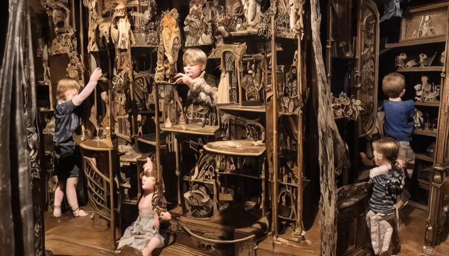 Prompt: three children playing in a giant cabinet of occult objects, museum, dark, realistic, intimidating