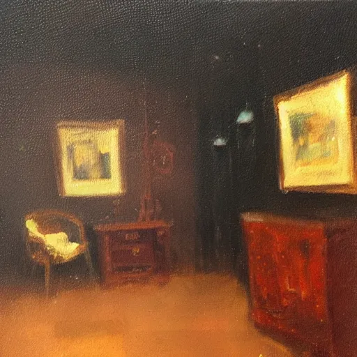Prompt: i could hear the human noise we sat there making, not one of us moving, not even when the room went dark. oil painting, impressionism