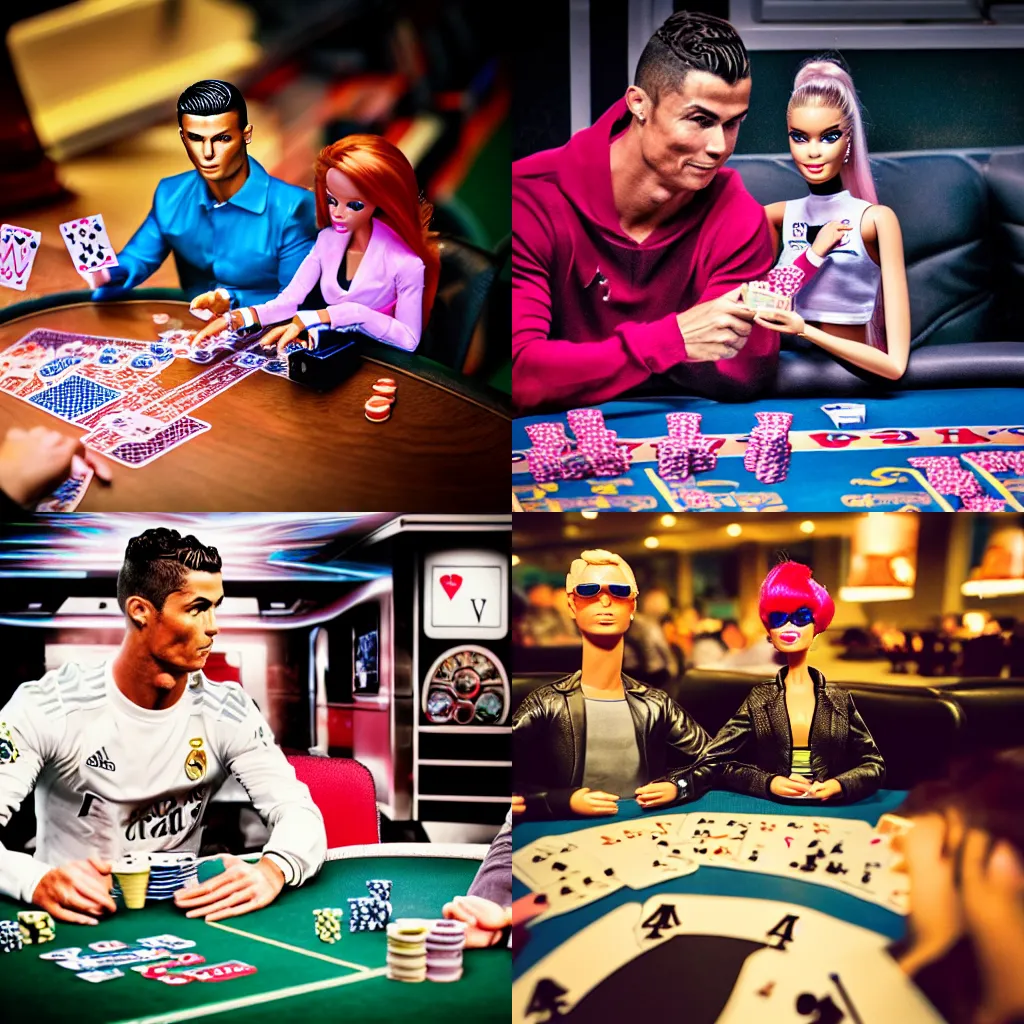 Prompt: Cristiano Ronaldo and a barbie doll playing poker at the stadium, cyberpunk, 50mm lens, bright, high contrast, gradation, cinematic, rule of thirds, excellent composition, complex, detailed, flat, matte print, clear