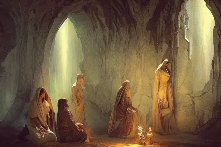 Prompt: inside a tomb, dark scene, light coming in from the left, dark scene, 3 mourning women in colored robes, 2 angels with feathered wings | medium close | fibonacci composition, by greg rutkowski, craig mullins, alphonse mucha