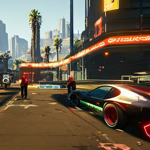 Prompt: screenshot of a game, as if GTAV and Cyberpunk 2077 are the same game, taken at the ground level.