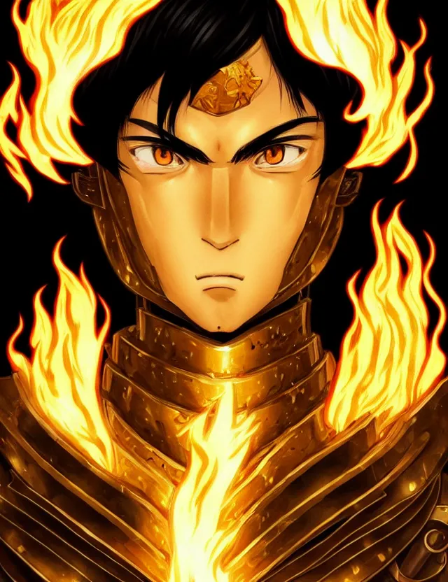 Image similar to a detailed manga portrait of a black haired man with hazel eyes in gleaming golden armour that burns with golden fire, trending on artstation, digital art, 4 k resolution, detailed, high quality, sharp focus, hq artwork, coherent, insane detail, character portrait