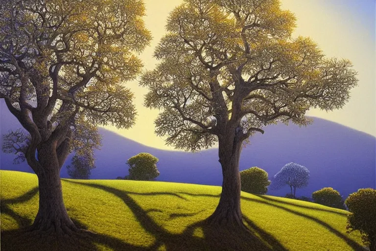 Image similar to masterpiece painting of oak trees on a hillside overlooking a creek, dramatic lighting, by annie ovenden