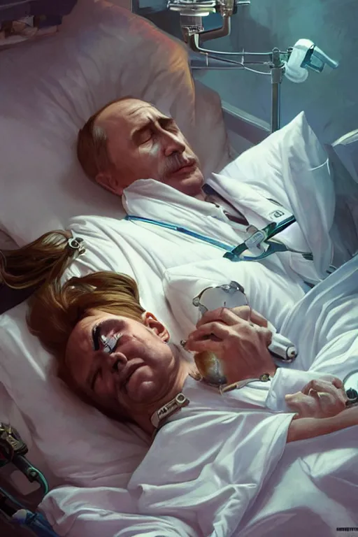 Image similar to Putin sleeps with oxygen mask on a death bed, intricate, portrait, miserable, highly detailed, digital painting, artstation, concept art, smooth, sharp focus, illustration, cinematic lighting, art by artgerm and greg rutkowski and alphonse mucha