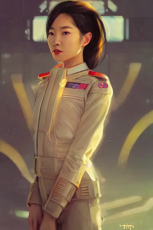 Image similar to portrait futuristic asian airforce girl, looking at the camera, expressive pose, symmetrical face, in future airport rooftop , sci-fi, fantasy, intricate, very very beautiful, elegant, human anatomy, neon light, highly detailed, digital painting, artstation, concept art, smooth, sharp focus, illustration, art by tian zi and WLOP and alphonse mucha