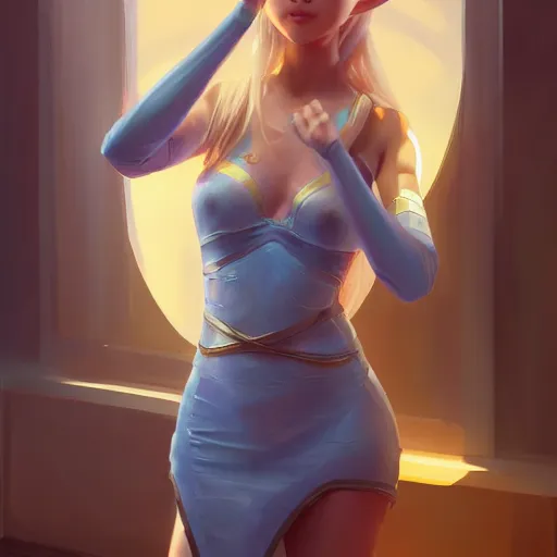 Image similar to a painting of an female elf wearing a skintight dress with blonde hair and blue eyes, an ultrafine hyperdetailed illustration by tooth wu and wlop and beeple and greg rutkowski, trending on artstation, highly detailed, 4 k, 8 k