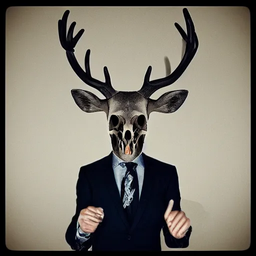 Prompt: man in a suit wearing a deer skull, creepy, dark, disturbing, ominous