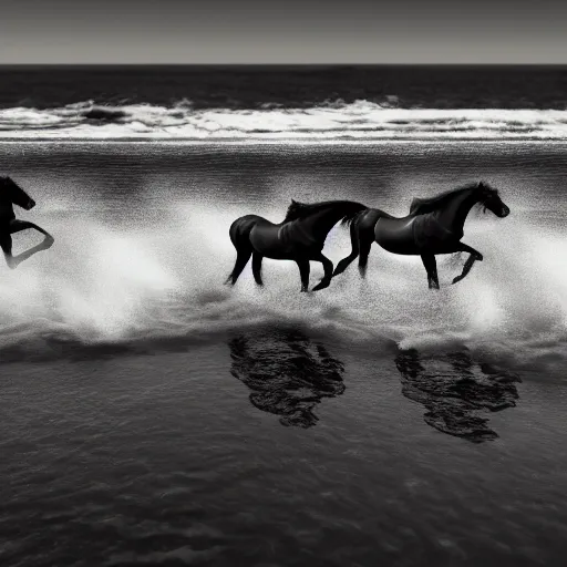 Prompt: horses heads outside stream of water, ocean, see of horses, beach, black and white, cinematic atmosphere, 8 k, octane render