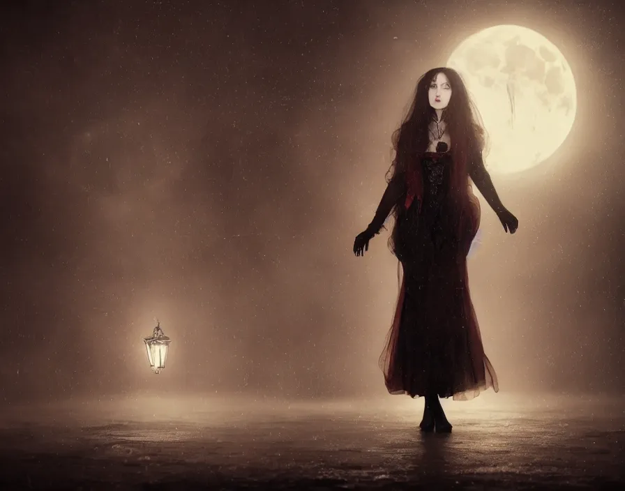 Image similar to portrait of Lady Dracula in victorian suit by Tom Bagshaw, atmospheric lighting, painted, intricate, London Dockyard, volumetric lighting, beautiful, light rain, moon light, sharp focus, ultra detailed, by Leesha Hannigan, Ross Tran, Thierry Doizon, Kai Carpenter, Ignacio Fernández Ríos, Yasumoto Oka,