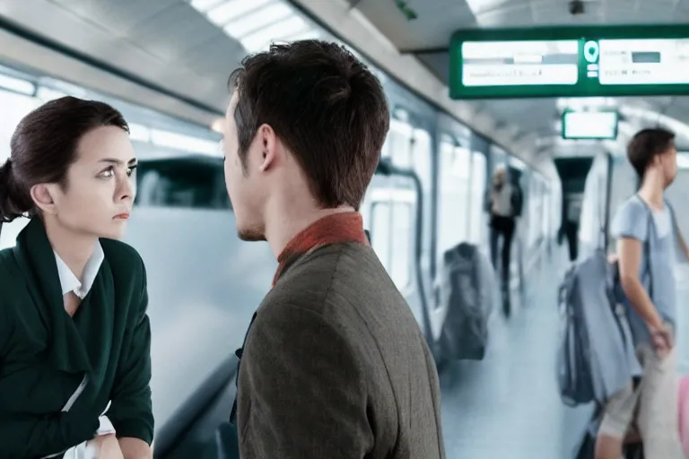 Image similar to vfx movie couple in a train station flat color profile low - key lighting cinematography