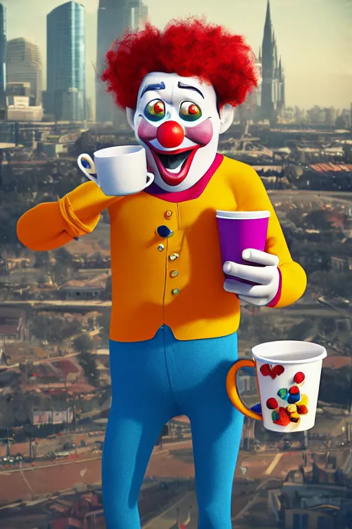 Image similar to portrait of a clown holding a cup of coffee with the circus in background, full body. pixar disney 4 k 3 d render funny animation movie oscar winning trending on artstation and behance. up movie style.