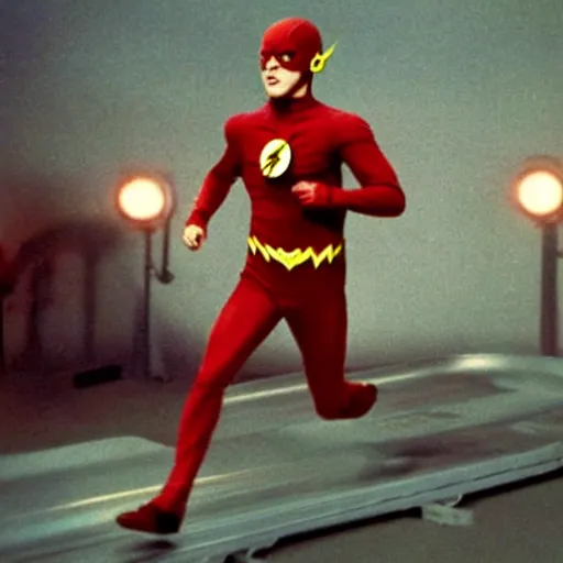 Image similar to Actor Billy Pipski as the Flash running on the Cosmic Treadmill, from The Flash Movie, 1980, directed by Steven Spielberg, Warner Brother Pictures