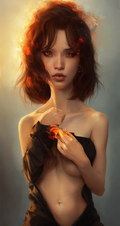 Prompt: a portrait of a beautiful woman with smoke and fire coming out of her eyes, artwork by Stanley Artgerm Lau, Ilya Kuvshinov, Loish Van Baarle, a masterpiece