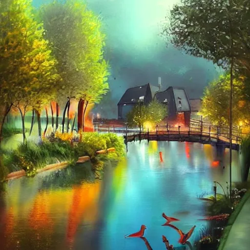 Prompt: Cosy waterway in city of the future in harmony with nature. Nice colour scheme, soft warm colour. Beautiful detailed painting by Lurid. (2022)