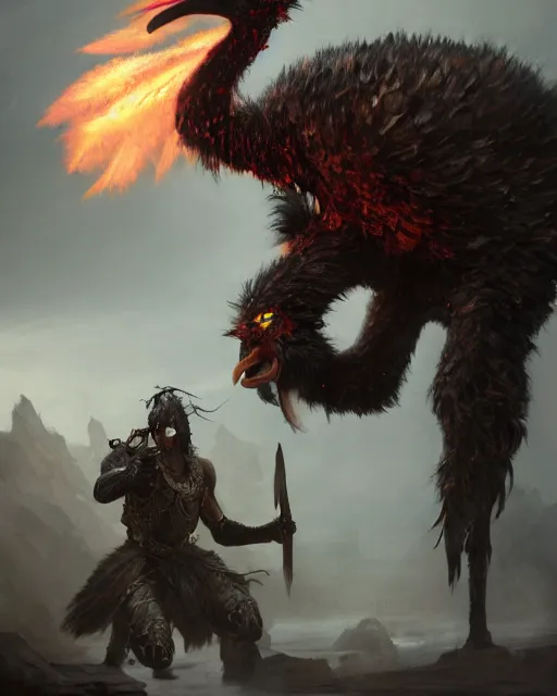 Prompt: oil painting of Angry Anthropomorphized Ostrich Berserker, wearing fur armor, claws, sharp focus, attack pose, fantasy style, octane render, volumetric lighting, 8k high definition, by greg rutkowski, highly detailed, trending on art Station, magic the gathering artwork, burning Battlefield background, centered