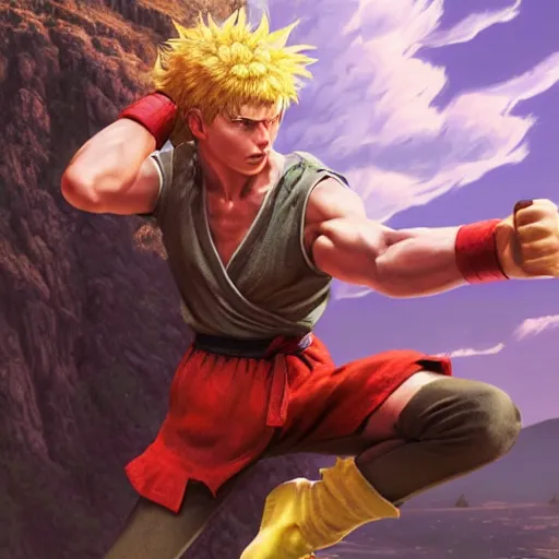 Image similar to michael cera as ken masters street fighter, ultra realistic, concept art, intricate details, highly detailed, photorealistic, octane render, 8 k, unreal engine, art by frank frazetta, simon bisley, brom