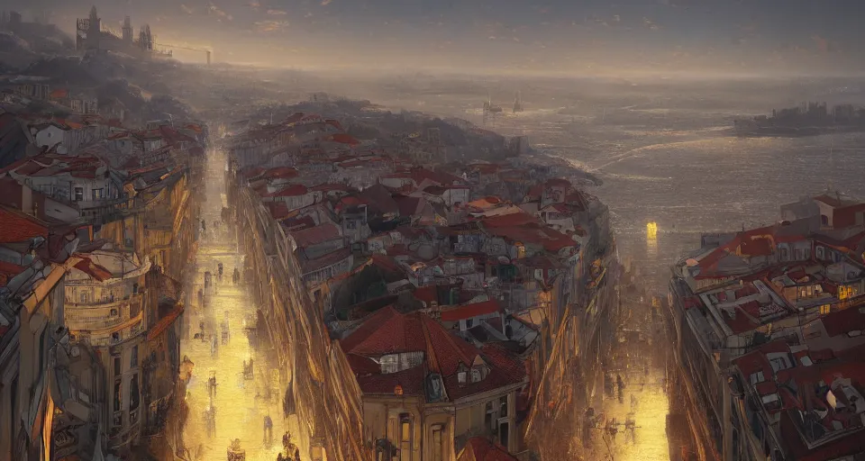 Prompt: wide shot of The City of Lisbon, trending on artstation, illustration, cgsociety, 8k, cinematic art by Greg Rutkowski and Thomas Kinkade and William O\'Connor