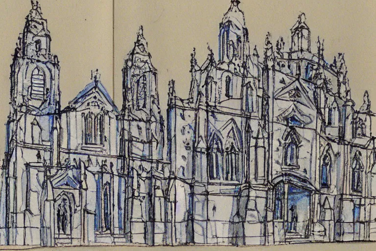 Prompt: Maringá's Cathedral, sketchbook with annotation, blue print, ultra detailed